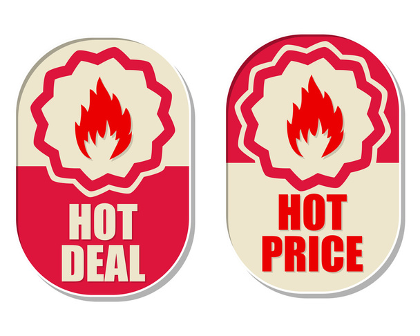 kuuma käsitellä ja kuuma hinta liekit merkkejä, kaksi ellipsinmuotoinen tarroja
, - Vektori, kuva