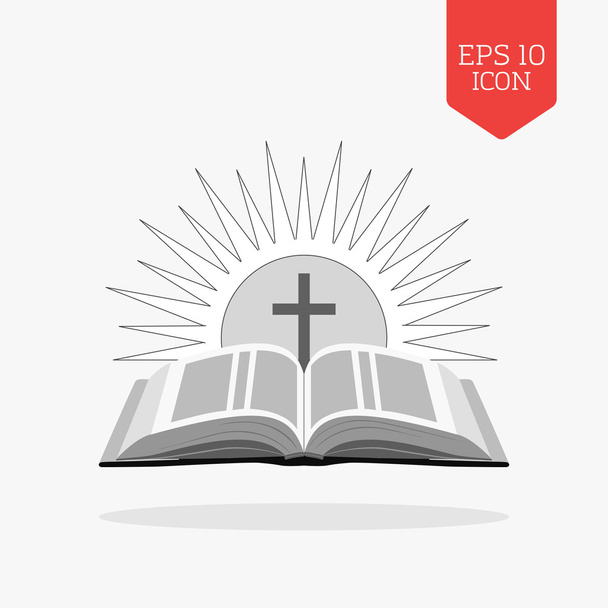 Open Bijbel met zon en kruis icoon. Kerk logo concept. Flat de - Vector, afbeelding