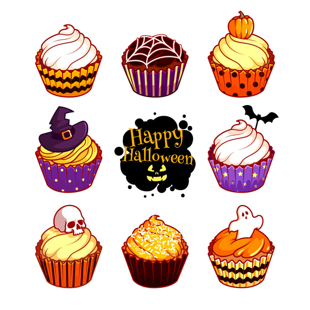 Set of different cupcakes for Halloween. - Vector, Imagen