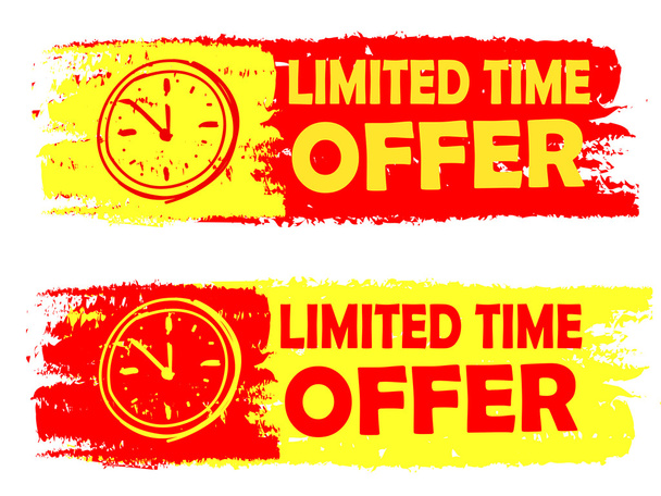 Oferta de tempo limitado com sinal de relógio, etiquetas desenhadas amarelas e vermelhas
, - Vetor, Imagem