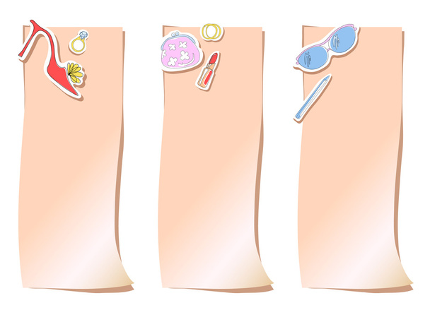 drie roze stickers met cosmetische objecten en accessoires - Vector, afbeelding