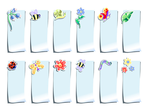 μπλε αυτοκόλλητα με λουλούδια και τα έντομα - Διάνυσμα, εικόνα