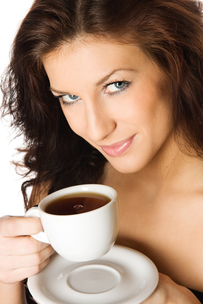 Menina bonita com uma xícara de bebida de café quente
 - Foto, Imagem