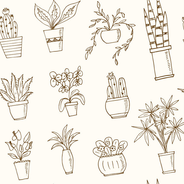 seamless pattern plants in a pot Hand drawn doodle sketch illustration - Vetor, Imagem