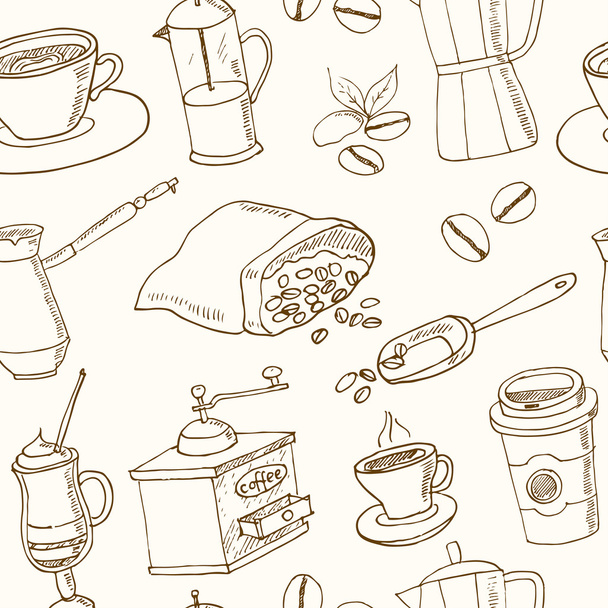 Hand drawn vector coffee seamless pattern, with ingredients and devices for making. - Vektor, kép