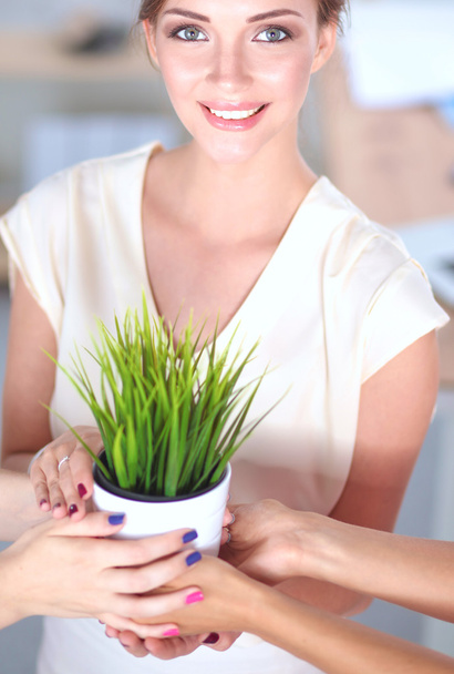 Beautiful woman holding pot with a plant, standing at home - Photo, Image