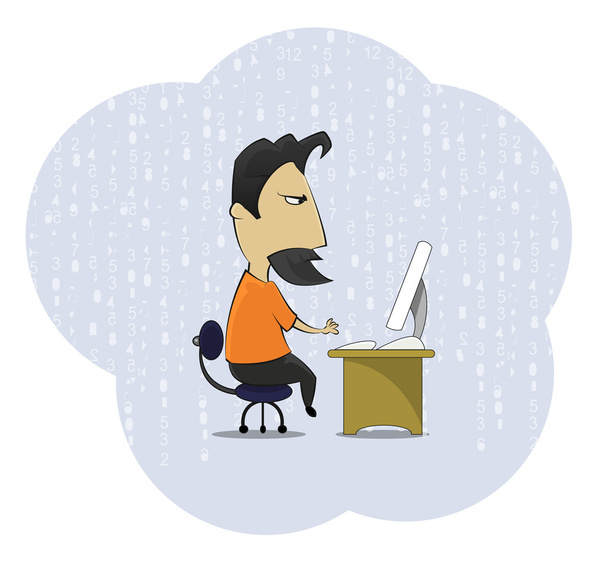Středním věku práce závislý geek sedí u počítače, recepce. - Vektor, obrázek