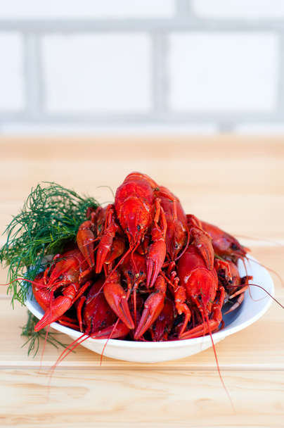 Boiled crayfishes with greenery on a plate - Фото, зображення