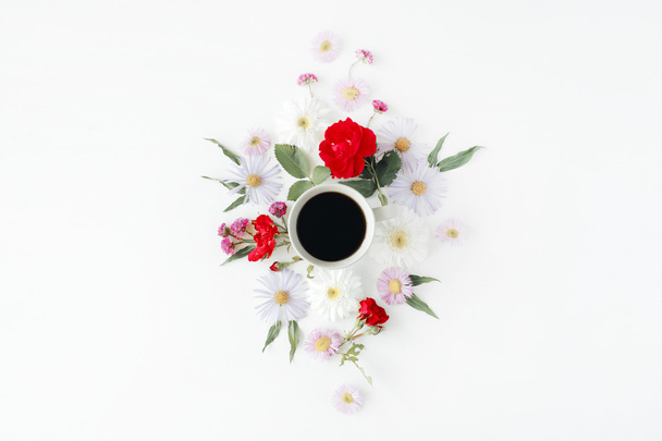 Cup of coffee with roses and flowers - Photo, Image