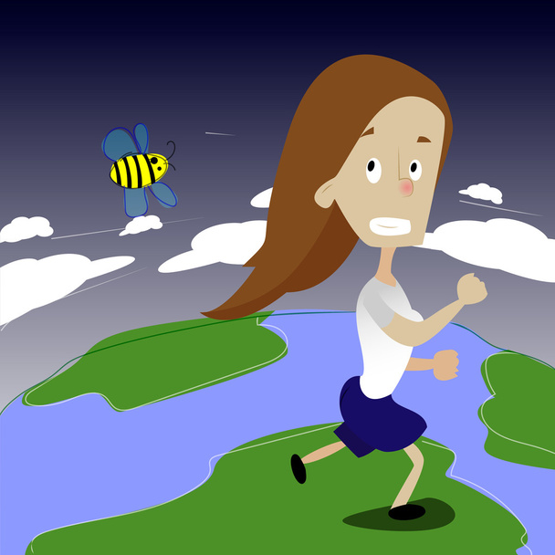 Cute girl running away from bee. - Vector, Image