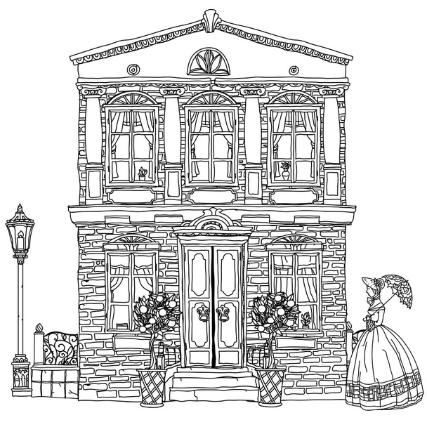 Schwarz-weiße Illustration eines Hauses. Vektor. - Vektor, Bild