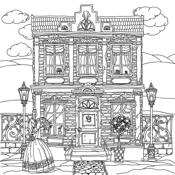 Black and white illustration of a house. Vector. - Vettoriali, immagini