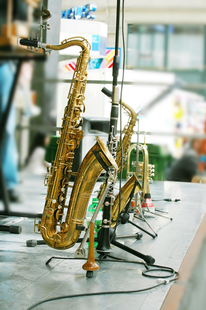 Golden saxophone alto on stage - Photo, Image