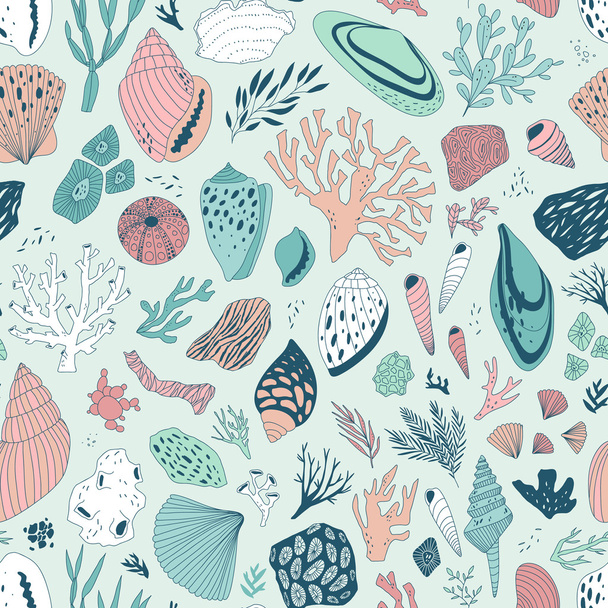 ベクトル手貝殻とサンゴで描かれたシームレス パターン - ベクター画像