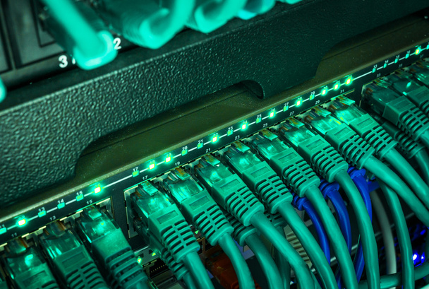 Primer plano de los cables de red azules conectados al interruptor que brilla en la oscuridad
 - Foto, Imagen