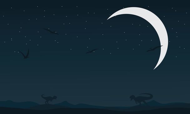 Dinosaurio de paisaje en siluetas nocturnas
 - Vector, Imagen