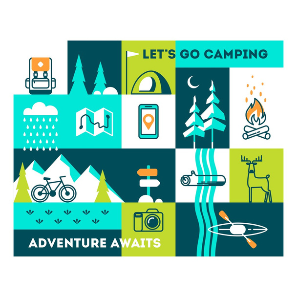 Vacaciones de verano en la naturaleza. Ilustraciones conceptuales vectoriales con iconos de viajes y vacaciones. Texto motivacional "Vamos de camping. Aventura espera
". - Vector, imagen