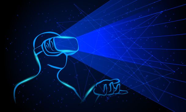 Man met virtual reality bril. Blauwe neon hightech afbeelding op een zwarte achtergrond. - Vector, afbeelding
