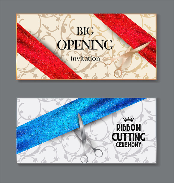 Elegant horizontal banners for grand opening ceremony with sparkling ribbons, scissors and floral design background. Vector illustration. - Vektör, Görsel