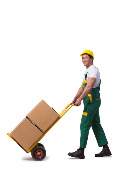 Man moving boxes isolated on the white background - 写真・画像