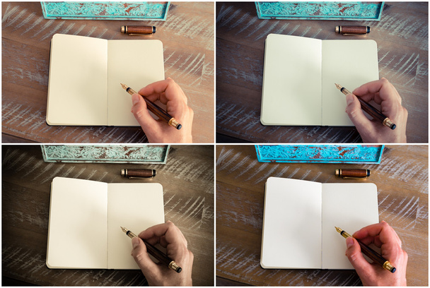 Foto Colagem com vários efeitos Retro de uma mulher mão escrevendo uma nota
 - Foto, Imagem