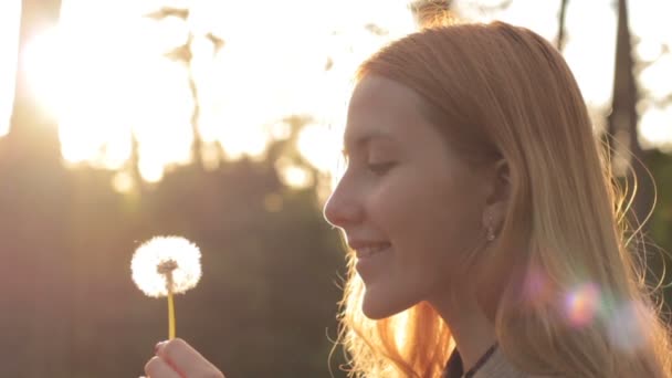 Seitenansicht des blonden Mädchens bläst auf Löwenzahn - Filmmaterial, Video