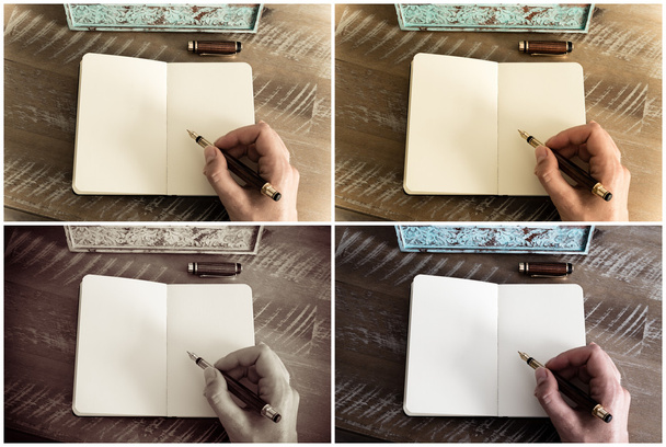 Collage de fotos con varios efectos retro de una mano mujer escribiendo una nota
 - Foto, imagen