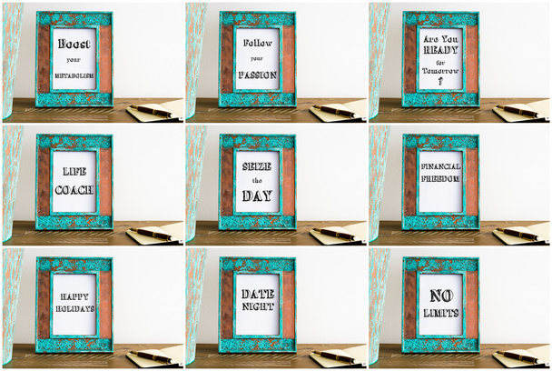 Collage von Fotorahmen mit verschiedenen Motivationstexten - Foto, Bild