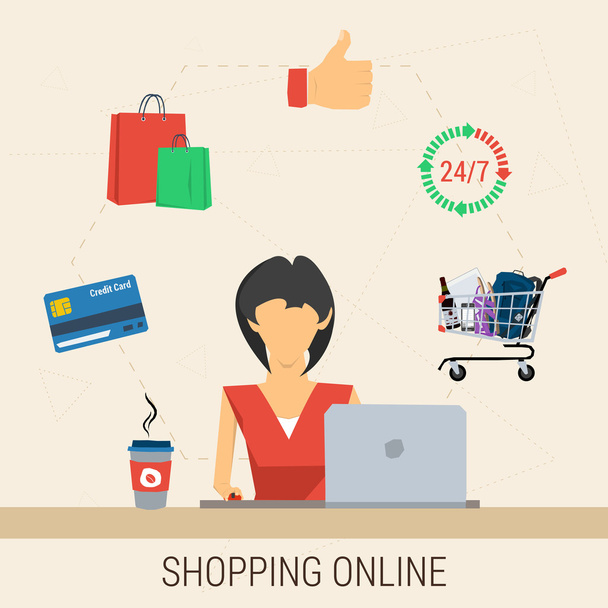 Dizüstü Online alışveriş ile kadın - Vektör, Görsel