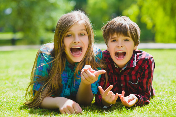 Niños sonrientes divirtiéndose en la hierba. Niños jugando al aire libre en verano. adolescentes comunicarse al aire libre
 - Foto, imagen