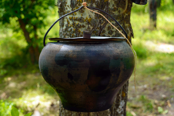 Горшок для приготовления пищи над открытым камином, висящим на дереве. Для прогулок. Мужской стиль
 - Фото, изображение