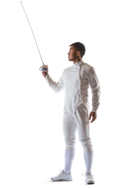 Fencing athlete wins the competition isolated in white background - Фото, изображение