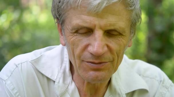 Mann mit grauen Haaren und Falten erzählt - Filmmaterial, Video