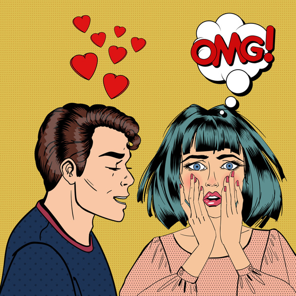 Man Confesses His Love to his Shocked Girlfriend. Pop Art. Vector illustration - Vector, Image