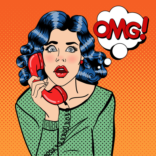 Shocked Young Woman Talking on the Phone. Pop Art. Vector illustration - Vector, Image
