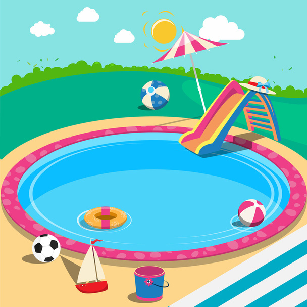 Oyuncaklı Açık Yüzme Havuzu. Yaz zamanı. Vektör Arka Planı - Vektör, Görsel