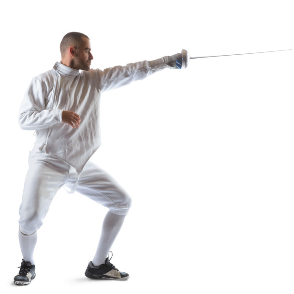 Fencing athlete wins the competition isolated in white background - Foto, imagen
