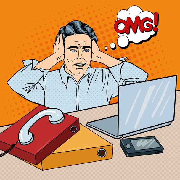 Homme d'affaires stressé sur le lieu de travail de bureau avec téléphone et ordinateur portable. Pop Art. Illustration vectorielle
 - Vecteur, image