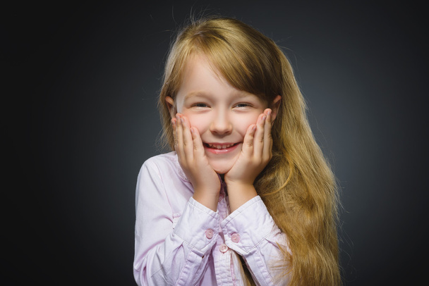 Closeup Portrait happy girl going surprise isolated on gray background - Fotoğraf, Görsel