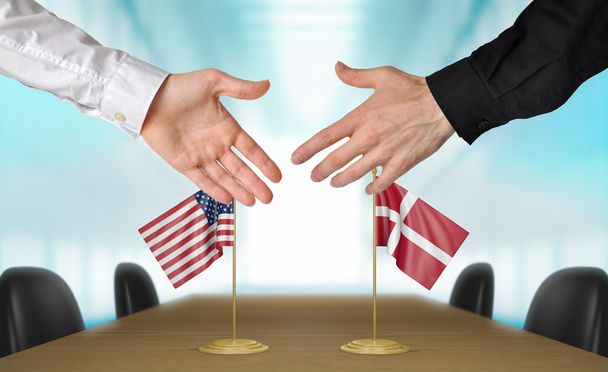 Stany Zjednoczone i dania dyplomatów drżenie rąk do uzgodnienia deal, część renderowania 3d - Zdjęcie, obraz