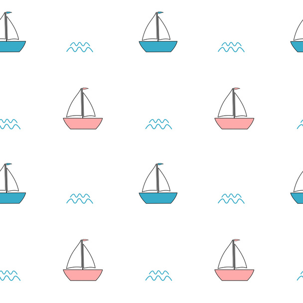 ピンクとブルーのかわいい漫画ボート シームレスなベクトル パターン背景イラスト - ベクター画像