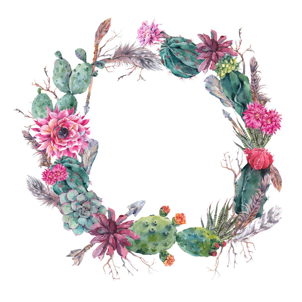 wreath of flowers bouquet with cactus, succulen - Photo, Image