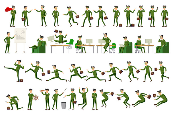 Large vector set of businessman character poses, gestures and actions. Office worker professional standing, walking, talking on phone, working, running, jumping, searching, and more. - Vector, Image
