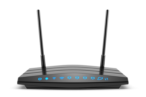 Wireless wi-fi black router with two antennas and blue indicator - Fotoğraf, Görsel