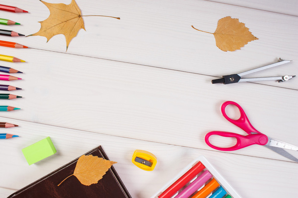 Frame of school accessories, book and autumnal leaves on boards, back to school - Foto, Imagem