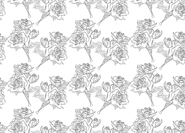 Seamless black and white pattern of roses - Vector, Image