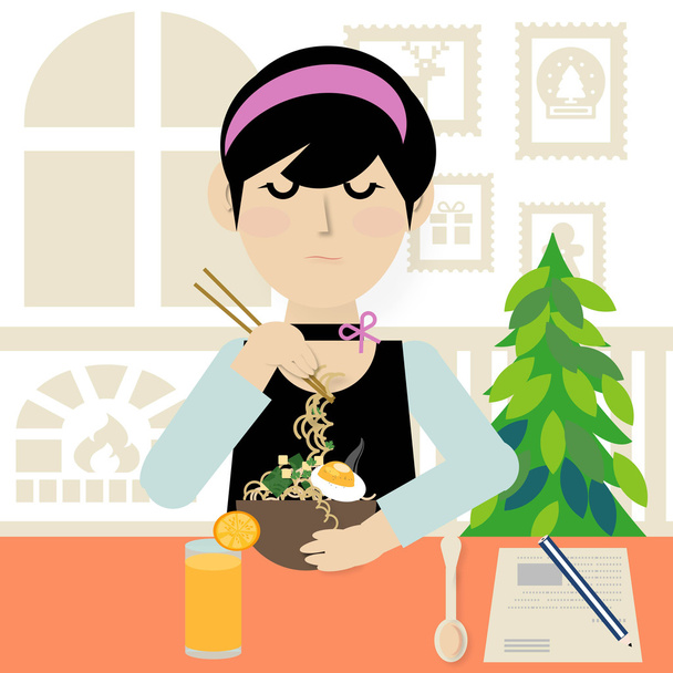 Una giovane donna che mangia zuppa di tagliatelle con bacchette e succo d'arancia nel ristorante, illustrazione
 - Foto, immagini