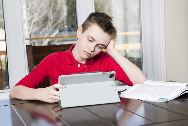 teen school boy studies hard over his book at home - Photo, image