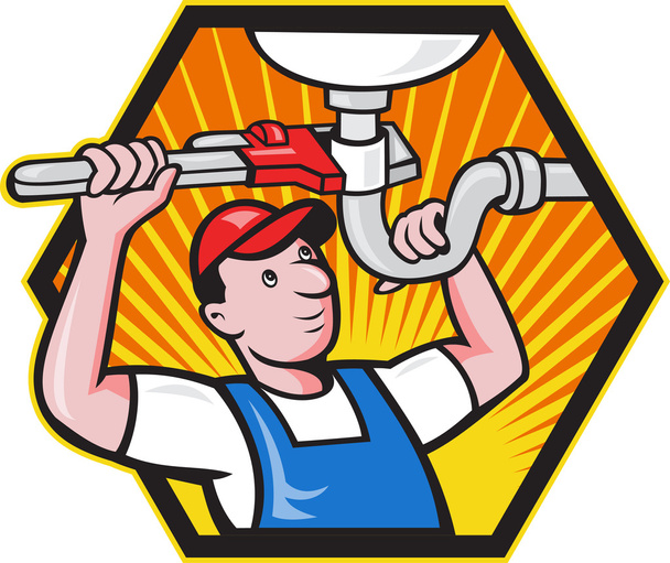 Plumber Worker With Adjustable Wrench - Vector, Image