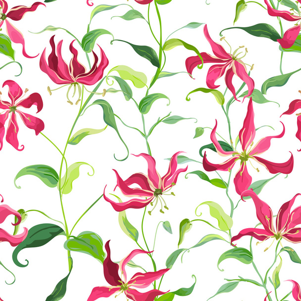 Tropical Leaves and Floral Background - Fire Lily Flowers - Seamless Pattern in Vector - Вектор, зображення